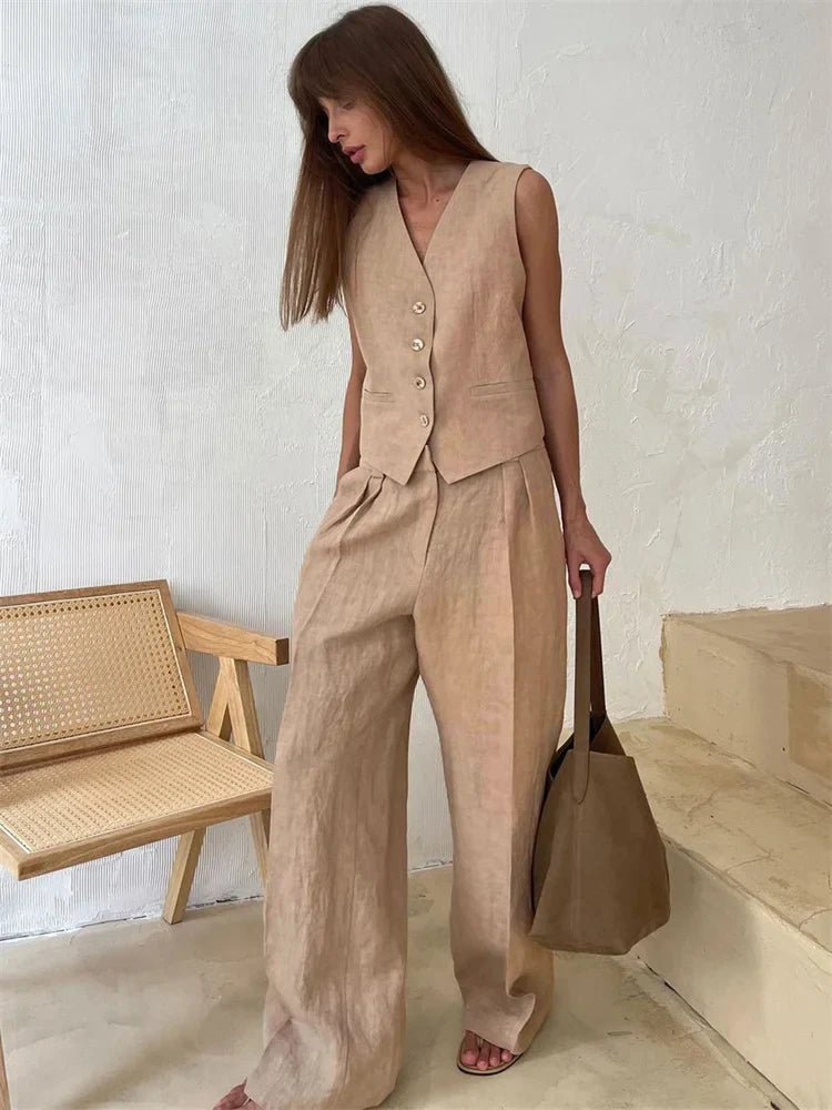 Women's Sleeveless Linen Waistcoat and Wide-Leg Trouser Two-Piece Set in Orange, Beige and Black for Spring Summer Wedding Guest Attire and Smart-Casual Occasions | Koossa