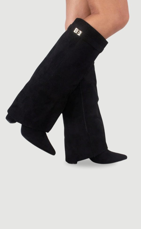 Women's Knee-High Suede Boots with Gold-Tone Hardware in Black, Beige & Brown | Koossa