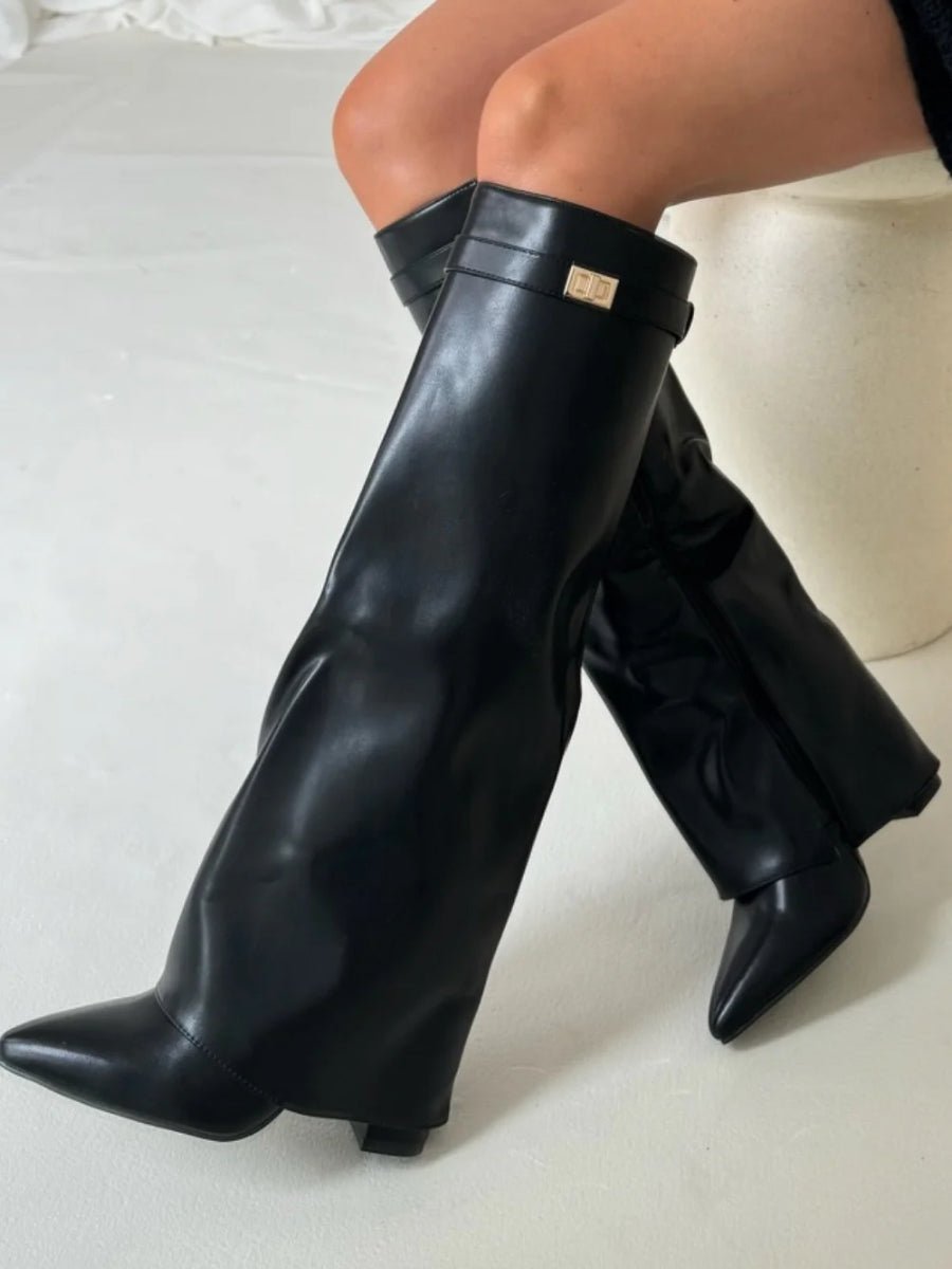 Women's Knee-High Suede Boots with Gold-Tone Hardware in Black, Beige & Brown | Koossa
