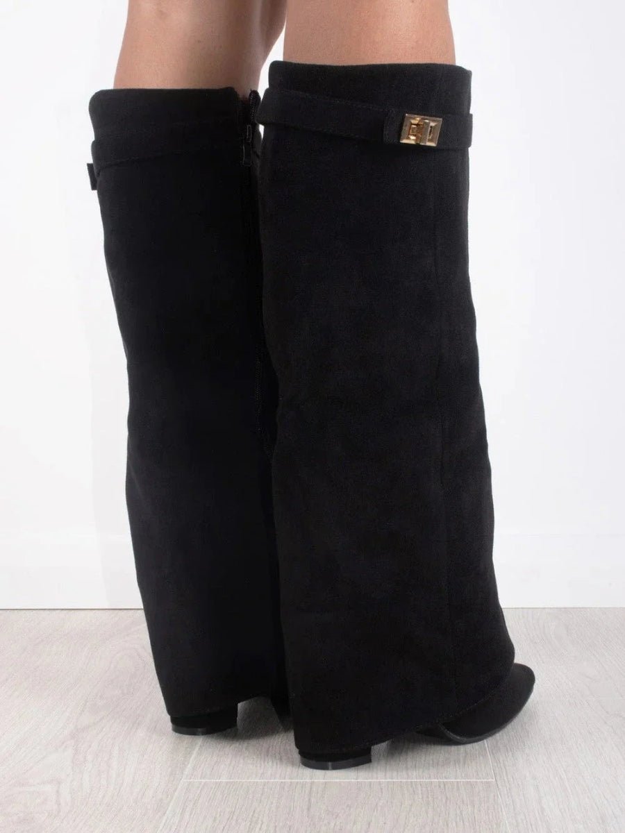 Women's Knee-High Suede Boots with Gold-Tone Hardware in Black, Beige & Brown | Koossa