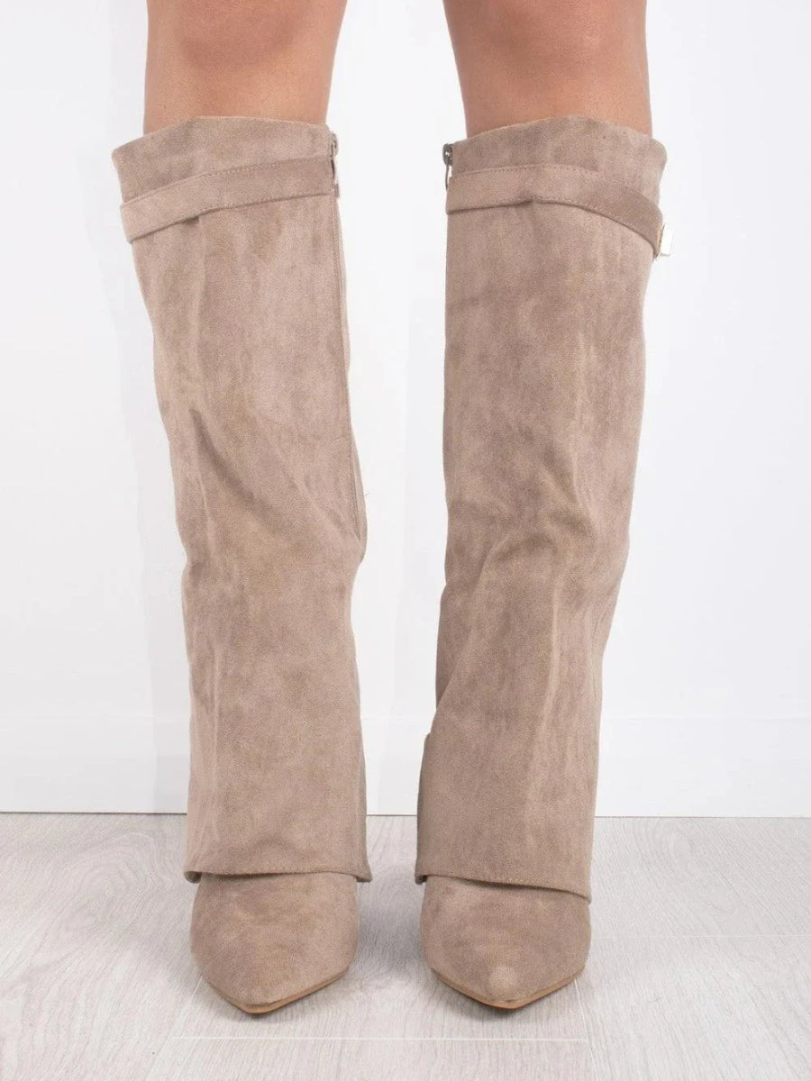 Women's Knee-High Suede Boots with Gold-Tone Hardware in Black, Beige & Brown | Koossa