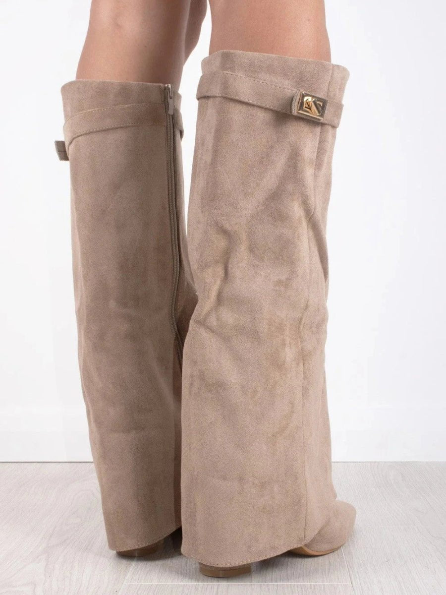 Women's Knee-High Suede Boots with Gold-Tone Hardware in Black, Beige & Brown | Koossa