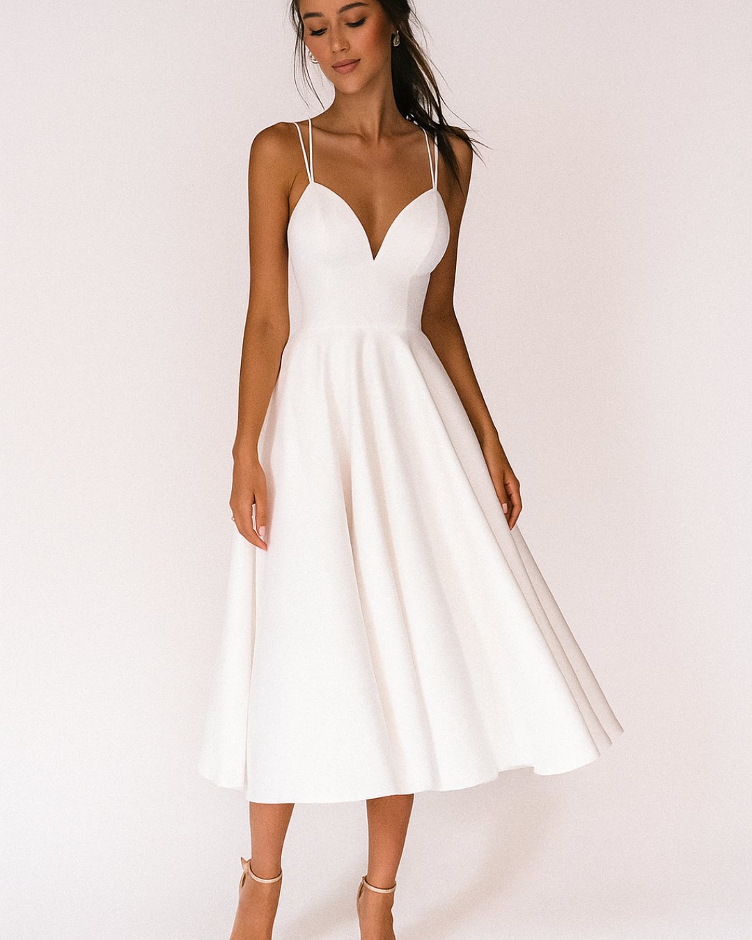 Women's Sweetheart Neckline Midi Dress with Delicate Straps – Elegant A-Line Silhouette for Special Occasions, Garden Parties, Wedding Guest Attire | Koossa