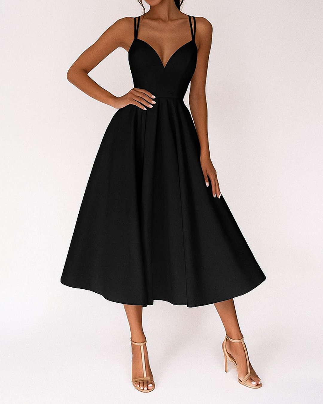Women's Sweetheart Neckline Midi Dress with Delicate Straps – Elegant A-Line Silhouette for Special Occasions, Garden Parties, Wedding Guest Attire | Koossa