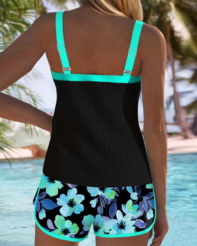 Ribbed Tankini with Floral Swim Shorts – Tummy Control Two-Piece Swimwear Set with Contrast Trim for Holiday and Poolside – Comfortable Flattering Supportive Design | Koossa