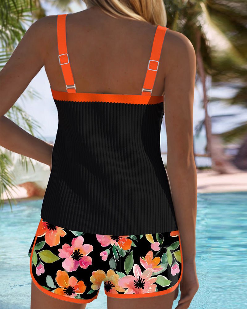 Ribbed Tankini with Floral Swim Shorts – Tummy Control Two-Piece Swimwear Set with Contrast Trim for Holiday and Poolside – Comfortable Flattering Supportive Design | Koossa
