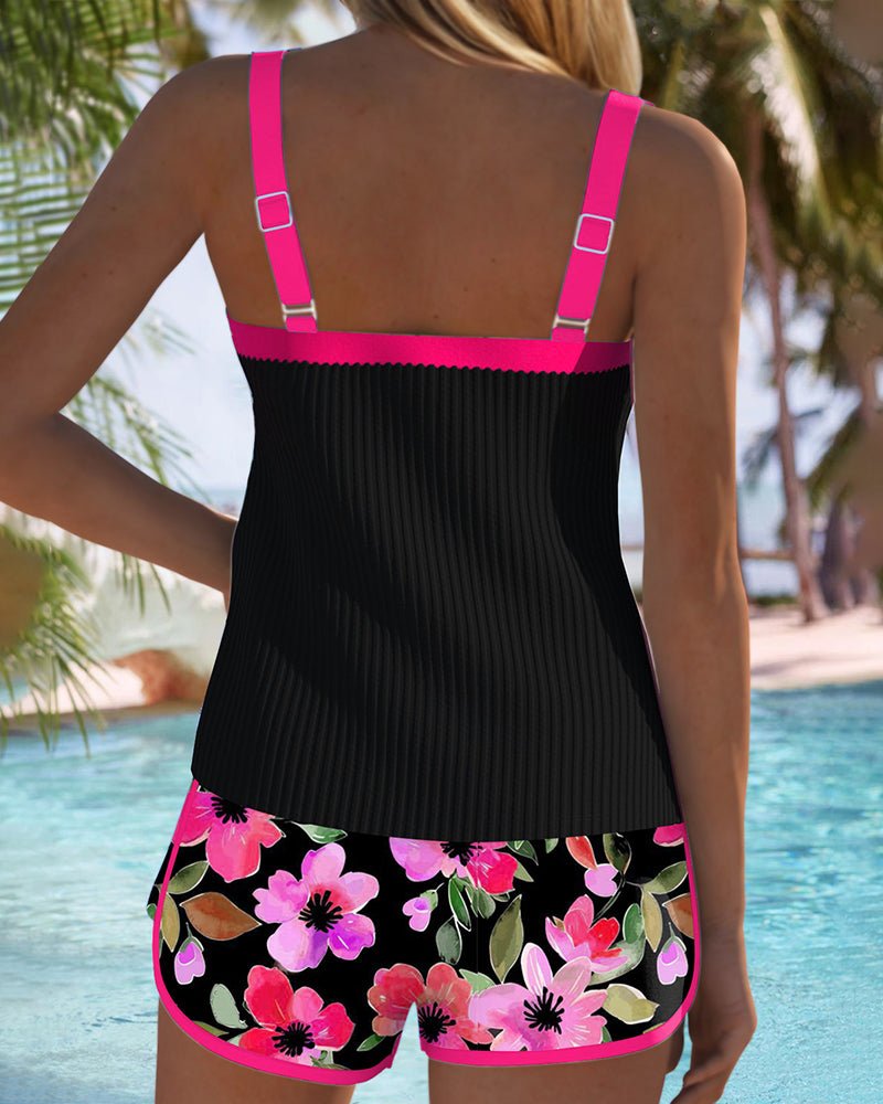 Ribbed Tankini with Floral Swim Shorts – Tummy Control Two-Piece Swimwear Set with Contrast Trim for Holiday and Poolside – Comfortable Flattering Supportive Design | Koossa