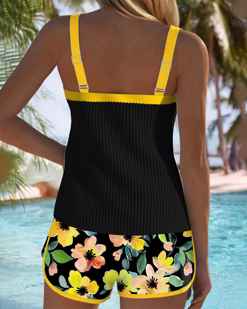 Ribbed Tankini with Floral Swim Shorts – Tummy Control Two-Piece Swimwear Set with Contrast Trim for Holiday and Poolside – Comfortable Flattering Supportive Design | Koossa