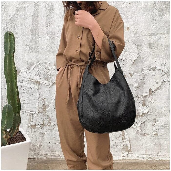 Vintage Leather Slouch Shoulder Bag with Drawstring Detail – Spacious Everyday Handbag for Women | Koossa