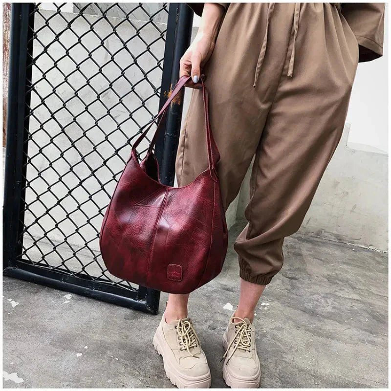 Vintage Leather Slouch Shoulder Bag with Drawstring Detail – Spacious Everyday Handbag for Women | Koossa