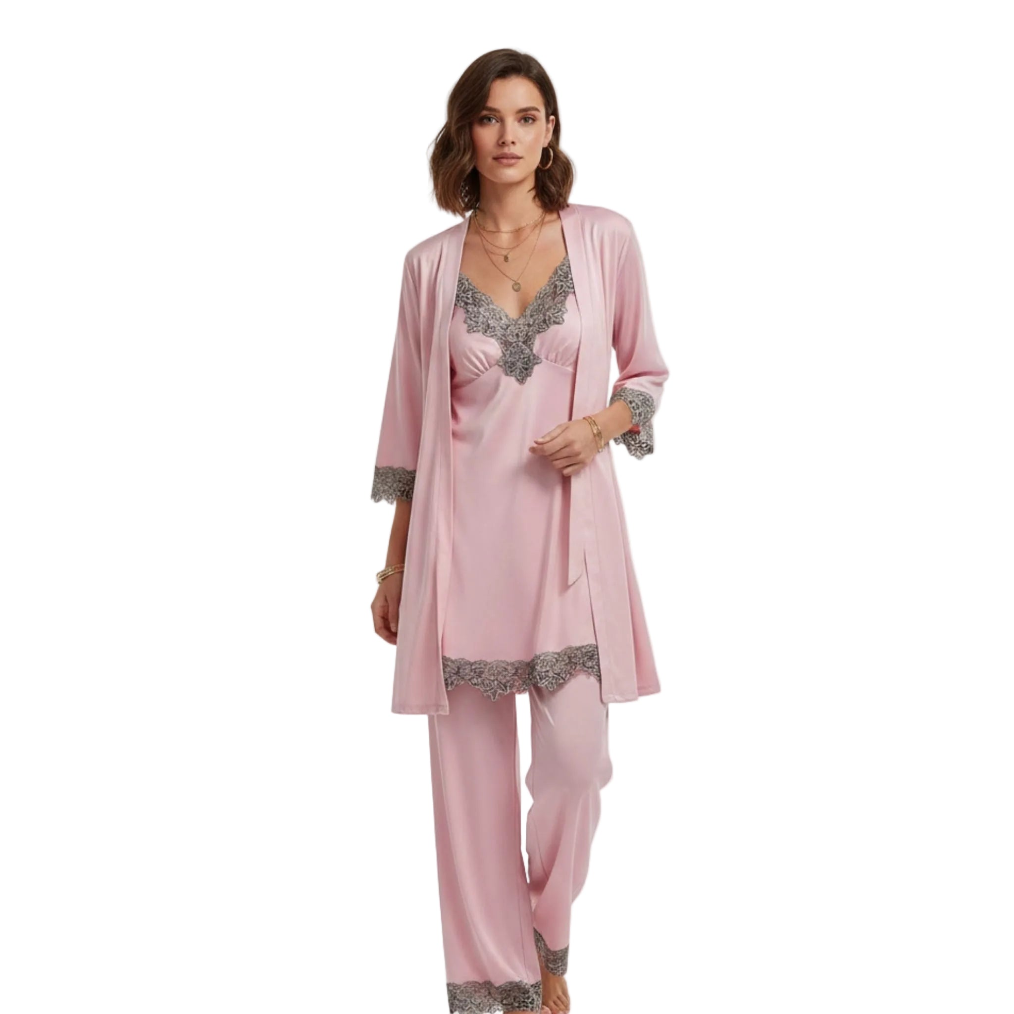 Women's Satin-Finish Pyjama Set — Elegant Two-Piece Sleepwear with Lace Trim for Comfortable Nights | Koossa