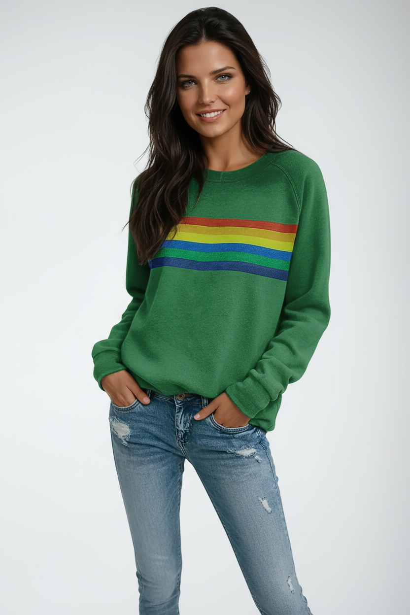Women's Soft Cotton Sweatshirt with Colourful Stripe Detail for Relaxed Weekend Wear | Koossa