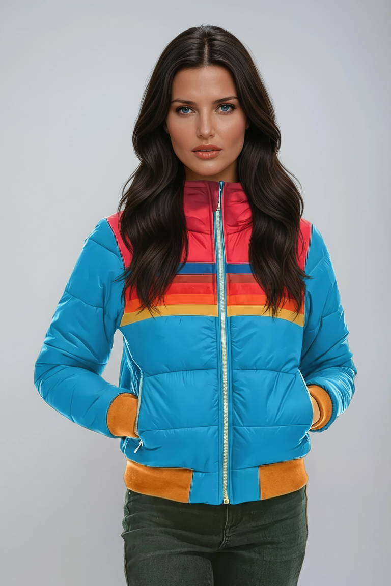 Women's Quilted Bomber Jacket — Short Puffer Jacket with Striped Detail for Casual Winter Layering | Koossa