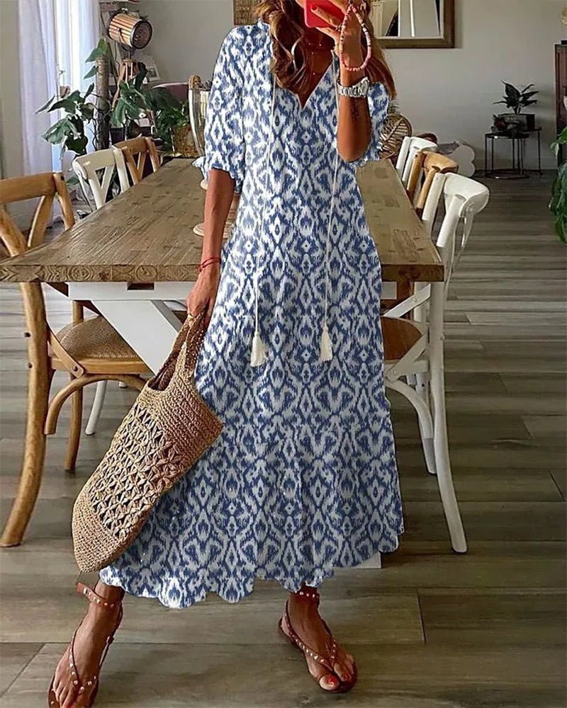 Women's Printed A-Line Midi Dress with Lantern Sleeves and V-Neckline for Relaxed Daywear | Koossa