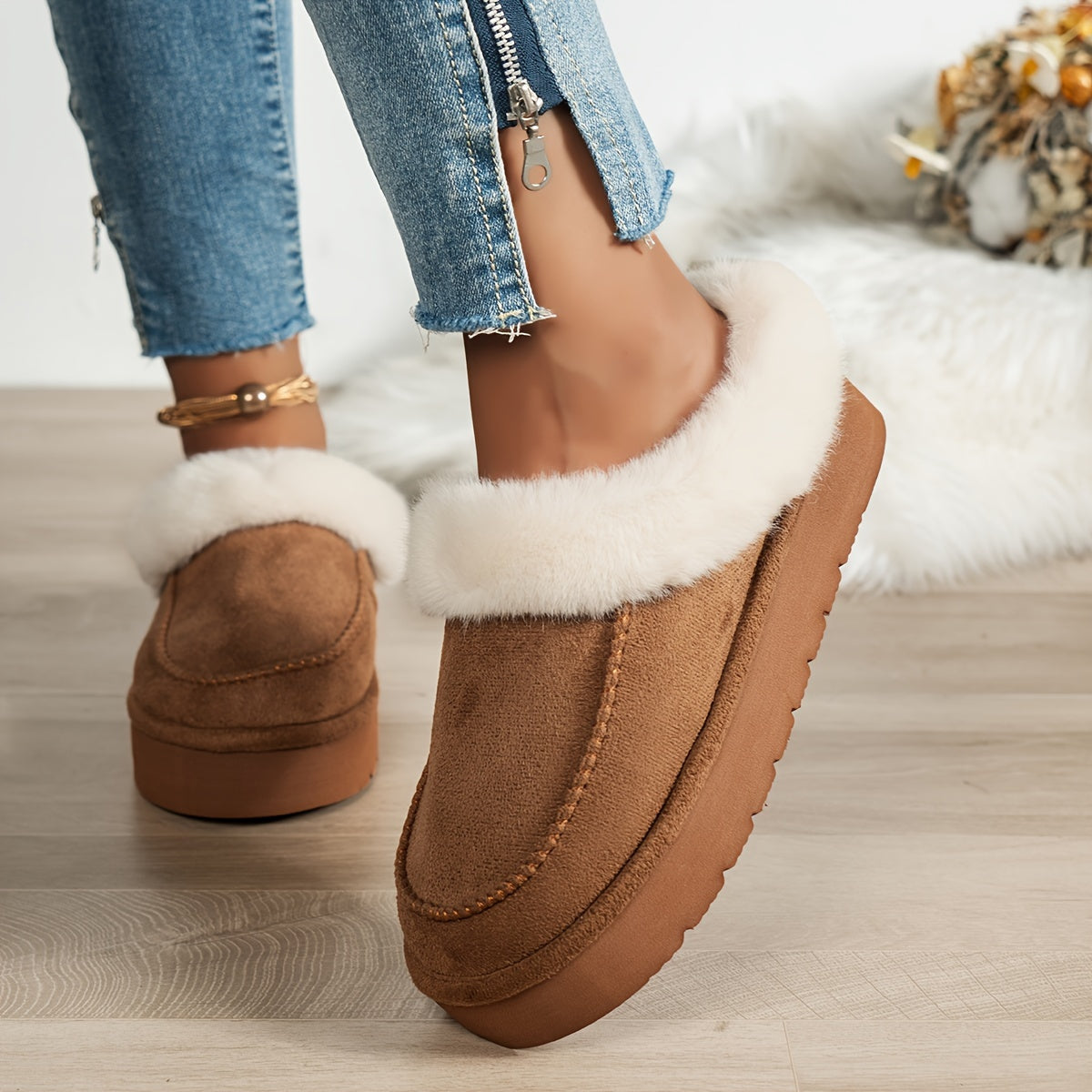 Women's Faux Fur Moccasin Slippers | Warm Indoor Outdoor Footwear in Black Brown Khaki | Cushioned Non-Slip Sole Winter House Shoes | Koossa
