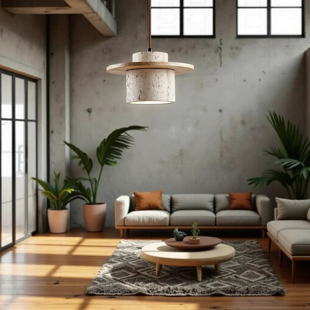 Suspension LED en travertine naturelle et bois design japonais minimaliste éclairage chaleureux salon chambre | Koossa