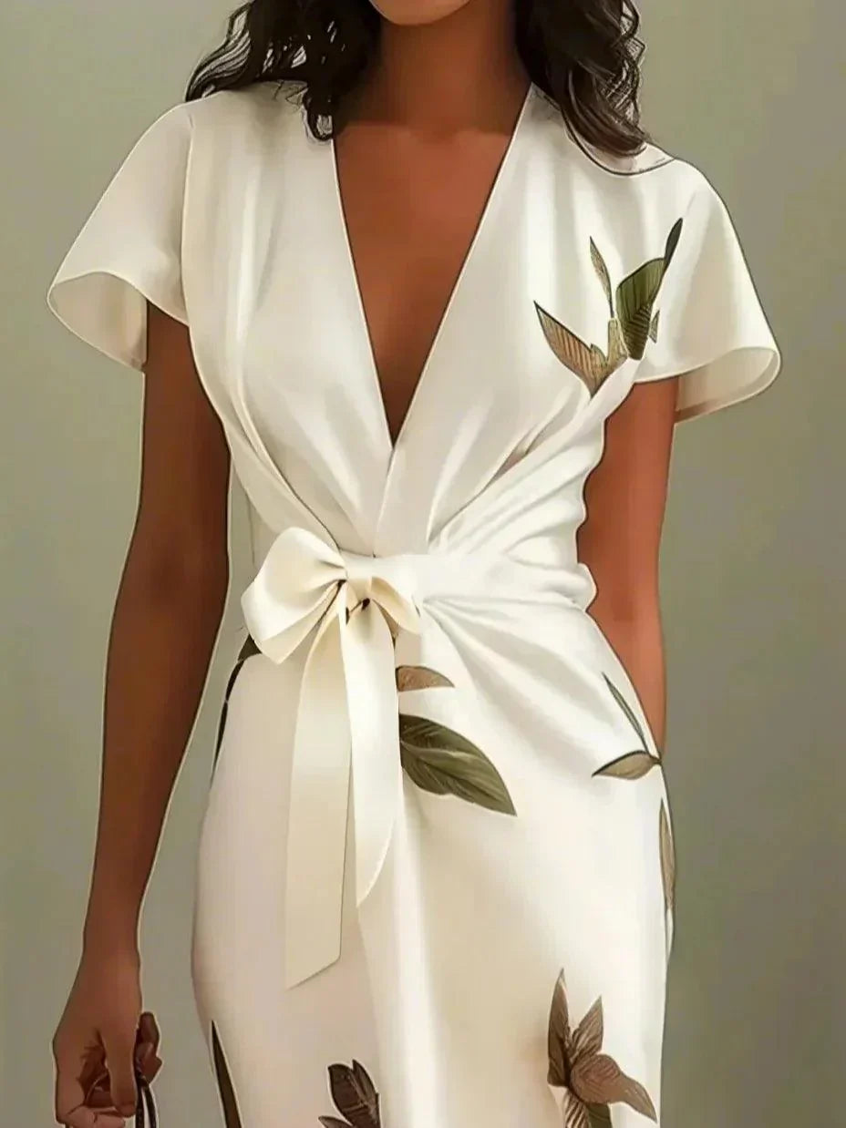 Women's Floral Wrap Midi Dress in Soft Drape Fabric with Leaf Print for Garden Parties Summer Weddings Afternoon Tea | Koossa