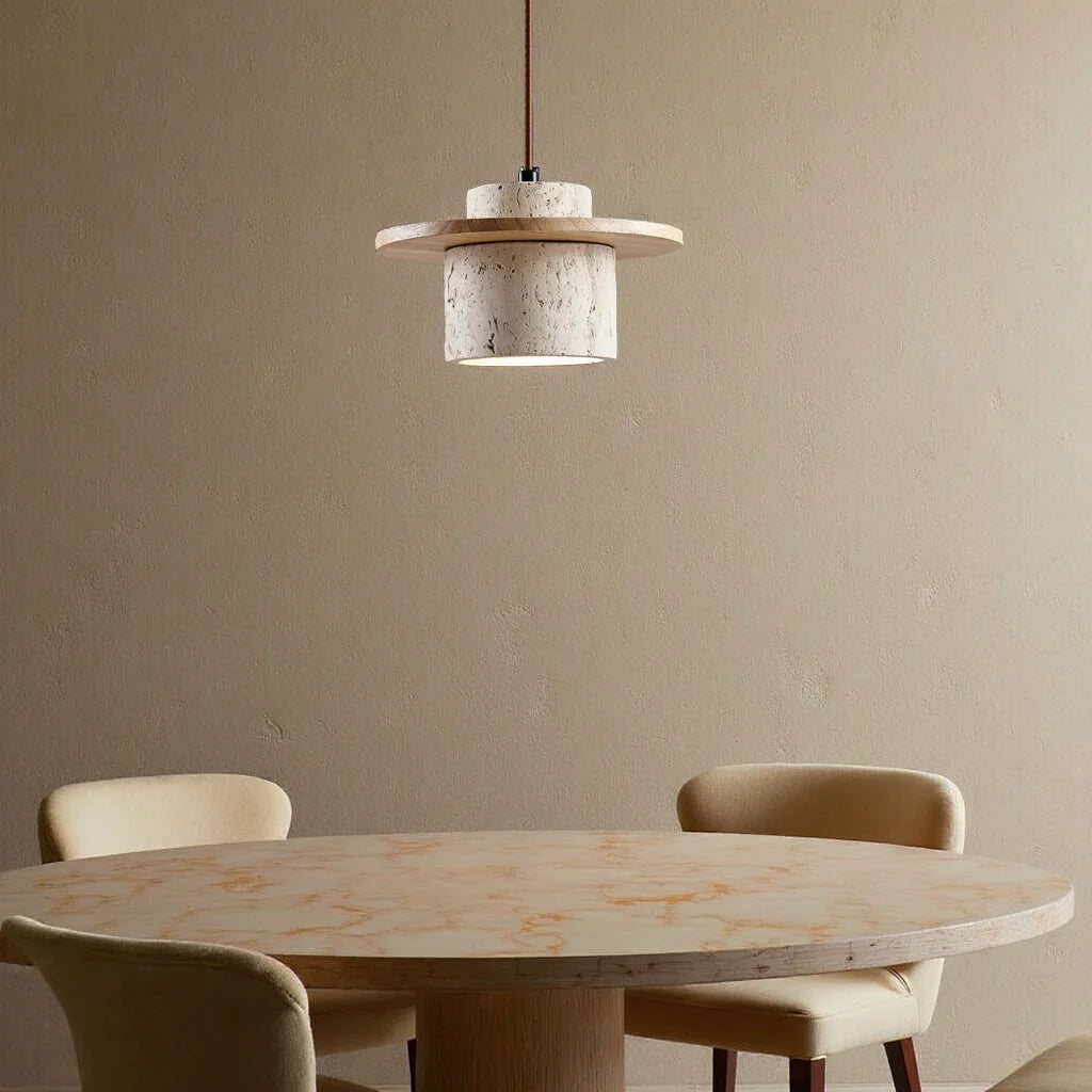 Suspension LED en travertine naturelle et bois design japonais minimaliste éclairage chaleureux salon chambre | Koossa