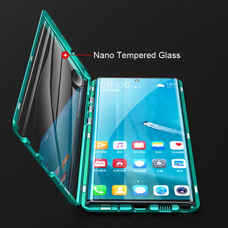 Magnetic Tempered Glass Phone Case, Double-Sided Clear Metal Bumper Cover with Self-Locking Closure for Wireless Charging, Drop Protection | Lonoma
