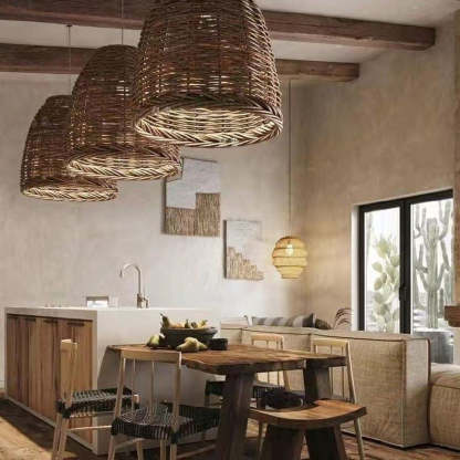 Handwoven Wicker Hanging Lamp with Metal Frame for Bedroom, Dining Room, Entryway | Natural Rattan Ceiling Fixture | Lonoma
