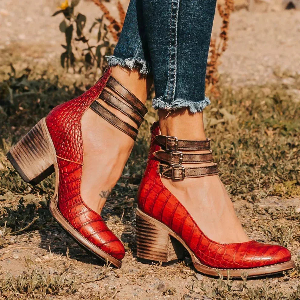 Women's Leather Court Shoes with Double Ankle Straps and Block Heel for All-Day Elegance and Comfort | Koossa