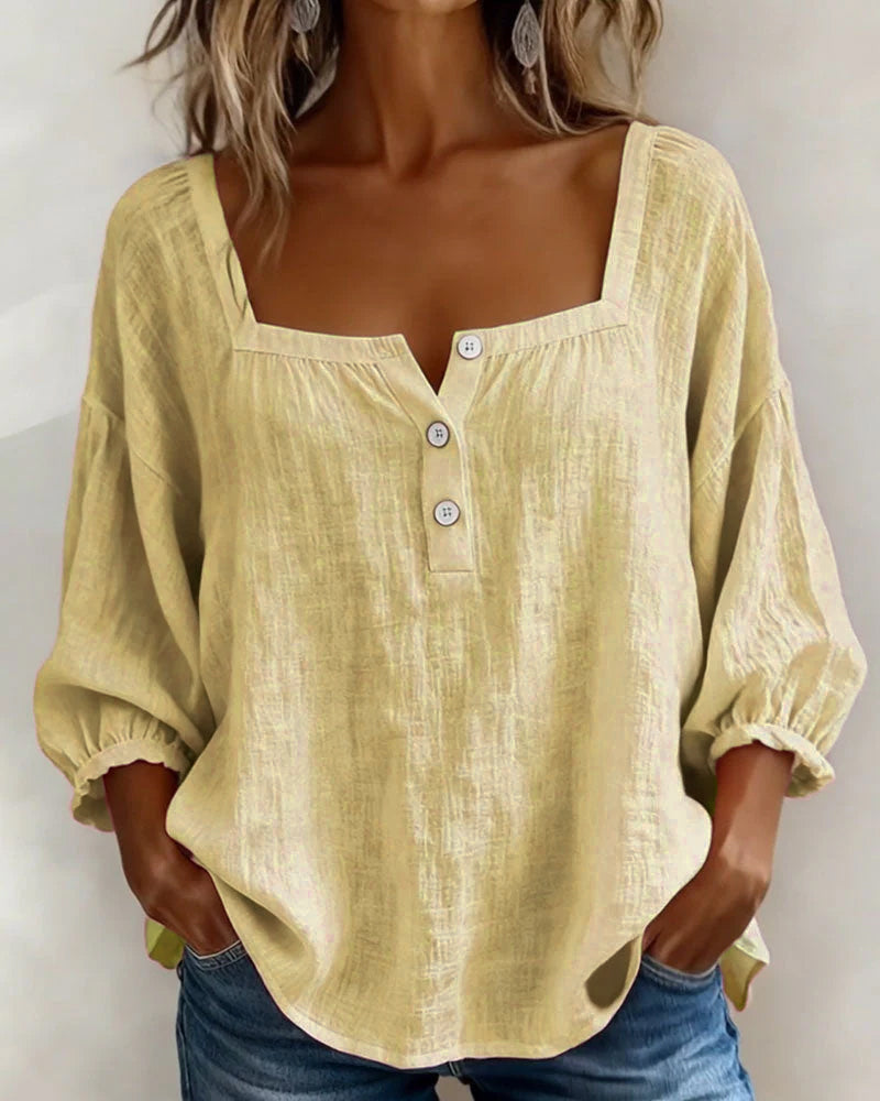 Women's Square Neck Puff Sleeve Blouse in Cotton Blend – Classic Feminine Wardrobe Essential for Every Season | Koossa