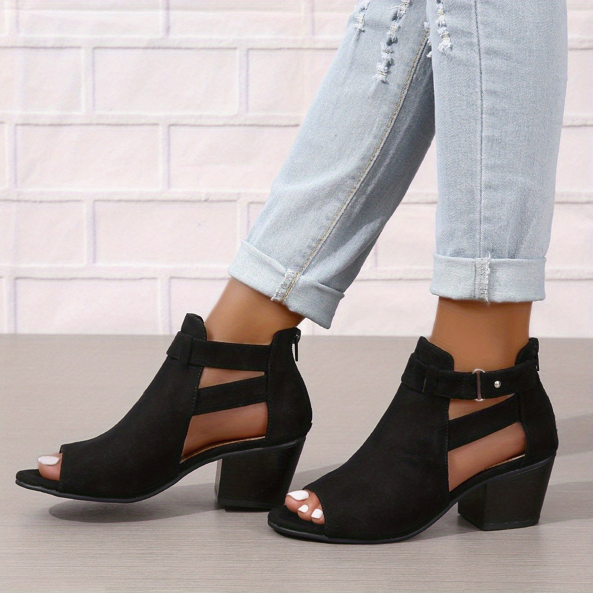 Women's Peep-Toe Block Heel Sandals with Ankle Strap and Cut-Out Detail for Summer Occasions | Koossa