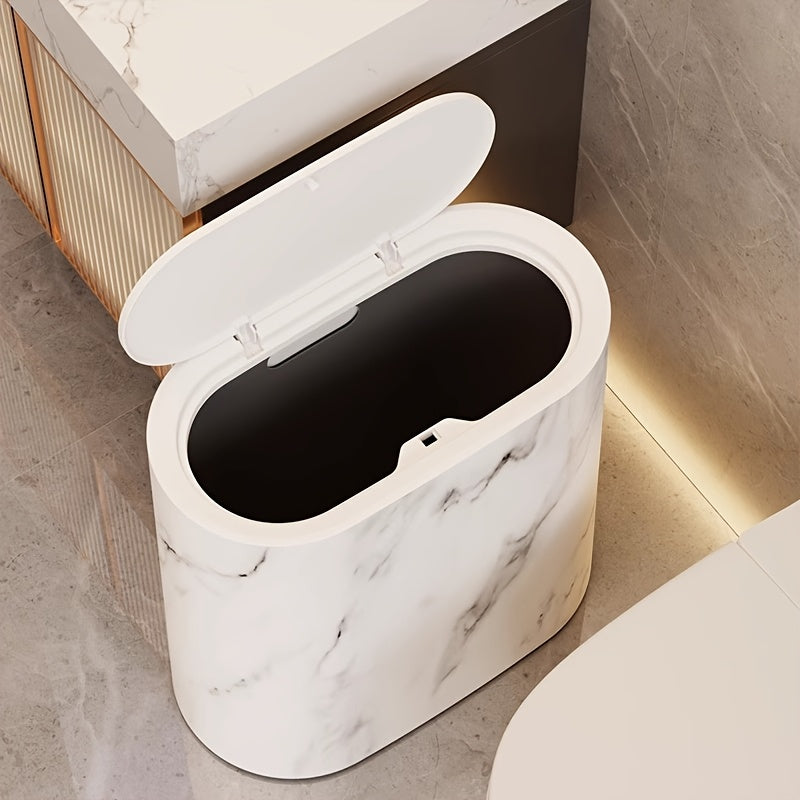 Poubelle Ovale Effet Marbre avec Couvercle 29 cm Salle de Bains Cuisine Compacte Décor Contemporain Élégant | Koossa