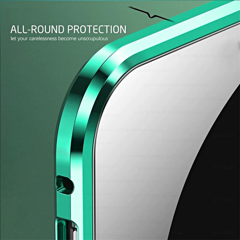 Magnetic Tempered Glass Phone Case, Double-Sided Clear Metal Bumper Cover with Self-Locking Closure for Wireless Charging, Drop Protection | Lonoma