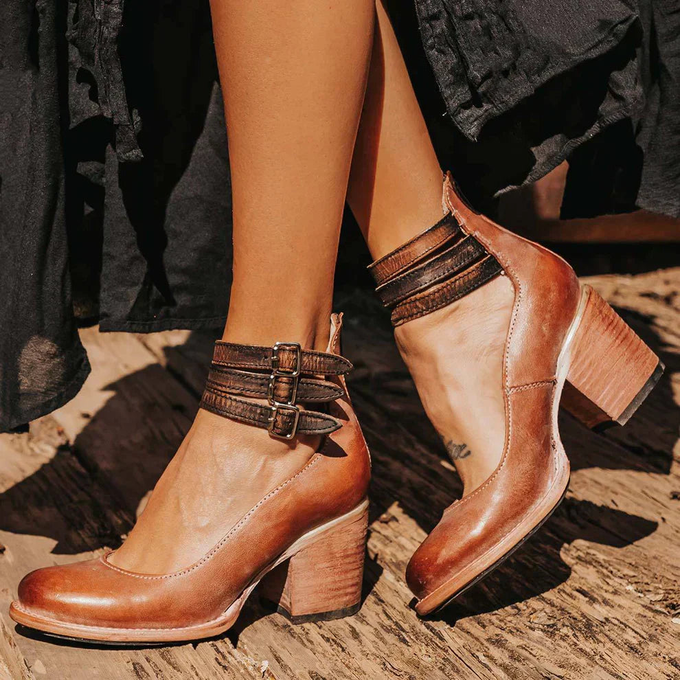 Women's Leather Court Shoes with Double Ankle Straps and Block Heel for All-Day Elegance and Comfort | Koossa