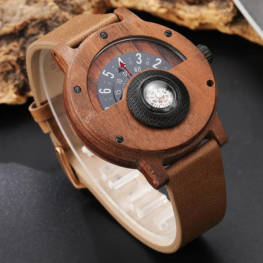 Men's Wooden Watch with Leather Strap — Classic Timepiece with Compass for Everyday Elegance | Koossa