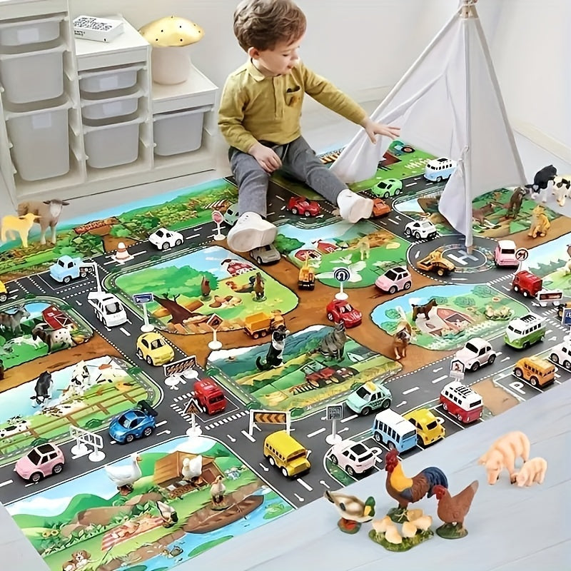 Tapis d'éveil enfant 100×130 cm circuit campagne antidérapant jeu véhicules figurines imagination motricité | Koossa