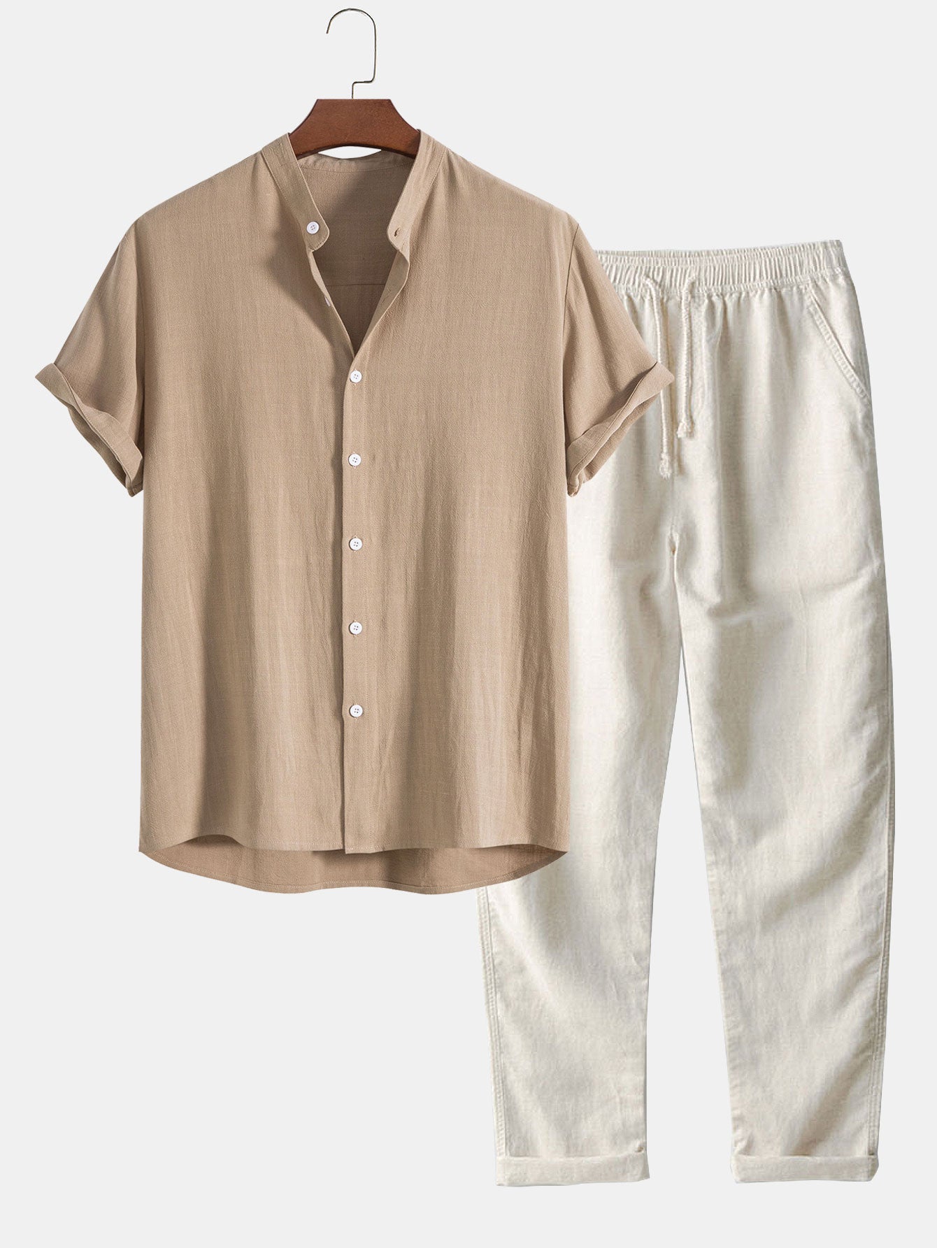 Men's Linen Band Collar Shirt and Trousers Coordinated Set in Navy, Brown, Beige, Black – Smart Casual Two-Piece Outfit for Warm Weather | Koossa