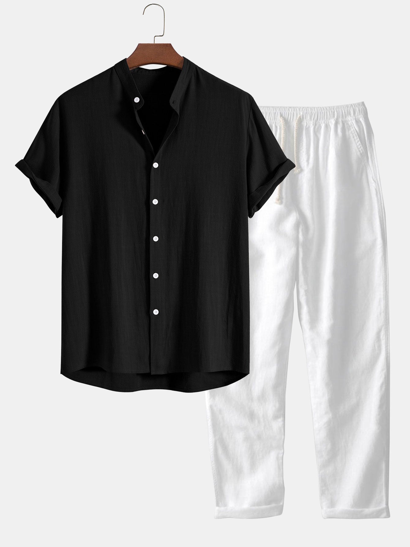Men's Linen Band Collar Shirt and Trousers Coordinated Set in Navy, Brown, Beige, Black – Smart Casual Two-Piece Outfit for Warm Weather | Koossa