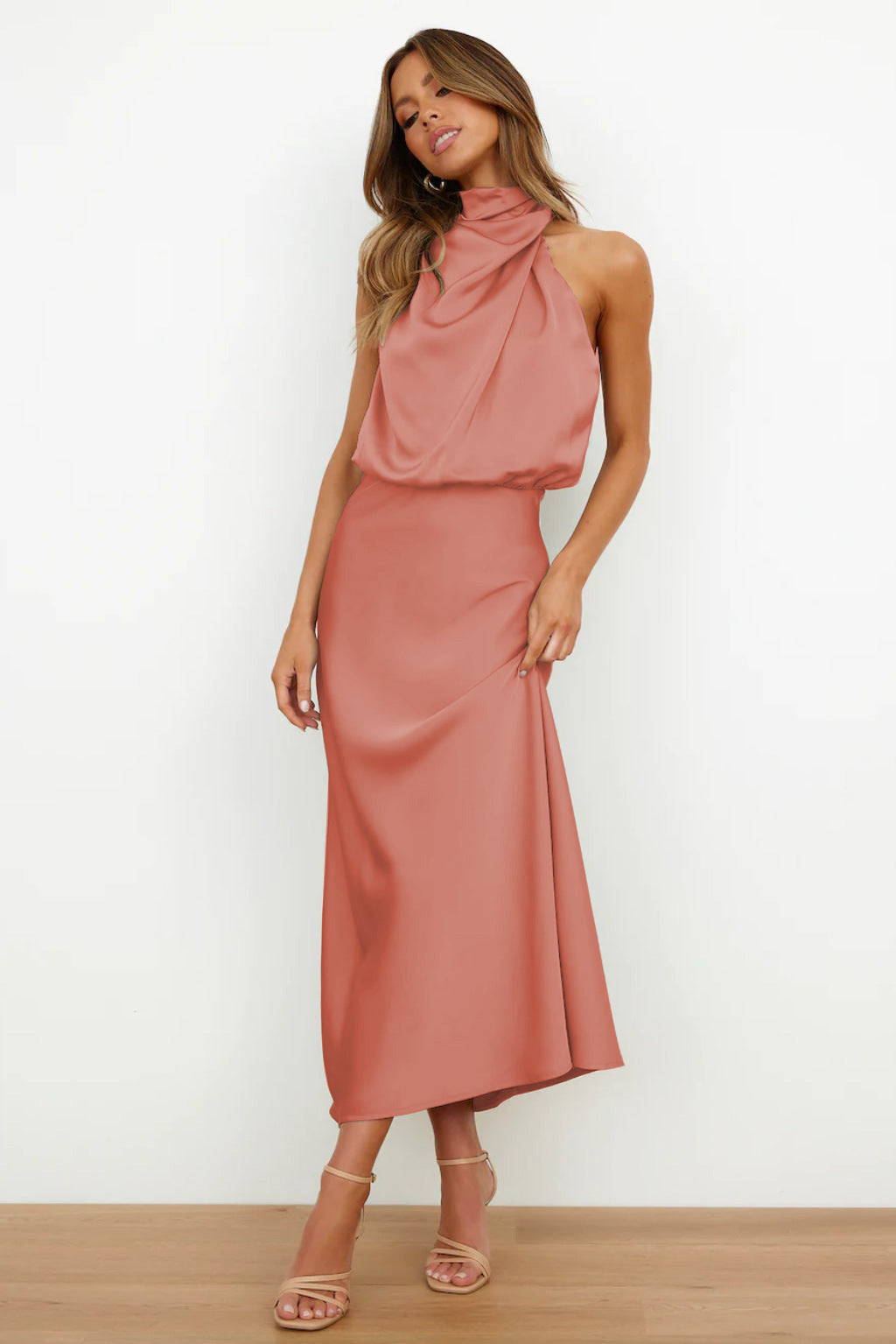 Women's Draped Satin Evening Dress with Open Back — Elegant Midi Dress for Summer Weddings & Special Occasions | Koossa