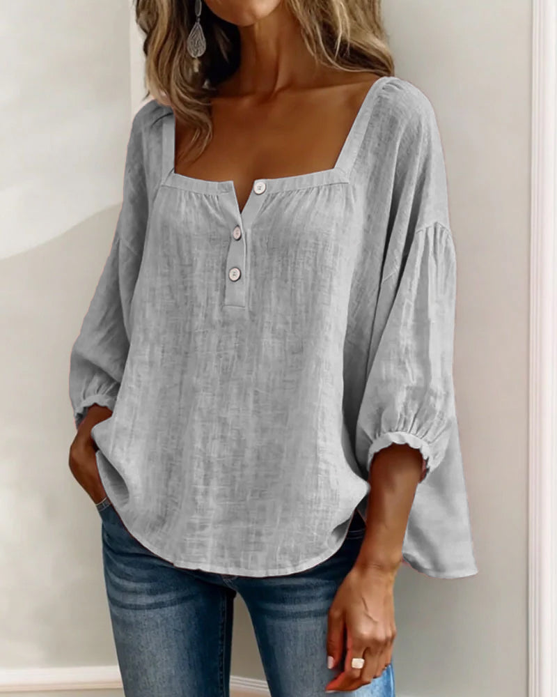 Women's Square Neck Puff Sleeve Blouse in Cotton Blend – Classic Feminine Wardrobe Essential for Every Season | Koossa