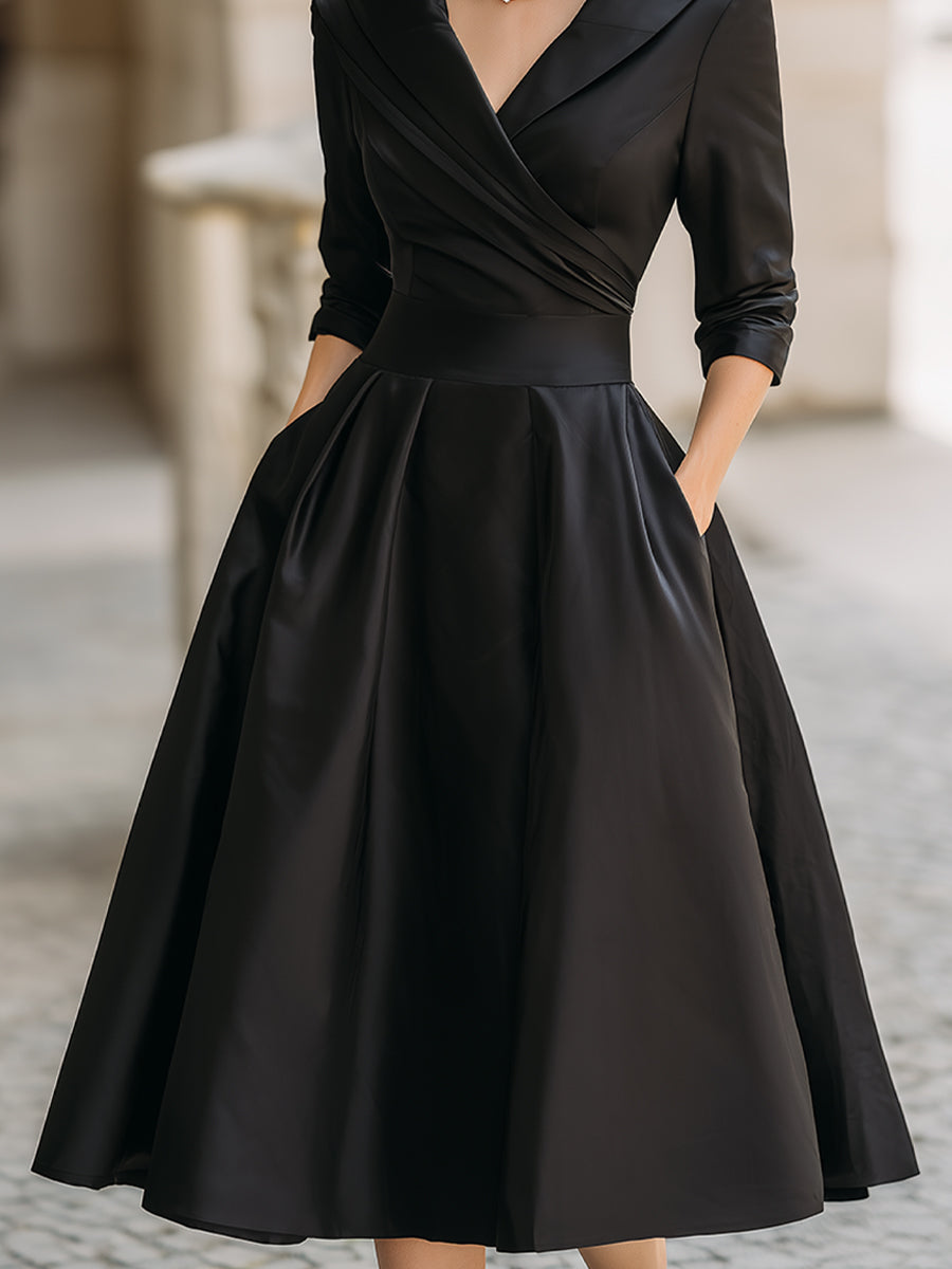 Women's Draped Neckline Midi Dress with A-Line Skirt — Elegant Evening Dress for Weddings & Formal Occasions | Koossa