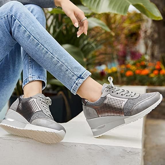 Women's Hidden Wedge Trainers with Lace-Up Detail in Gold, Grey, Black and Leopard Print for Everyday Elegance and Elevated Comfort | Koossa