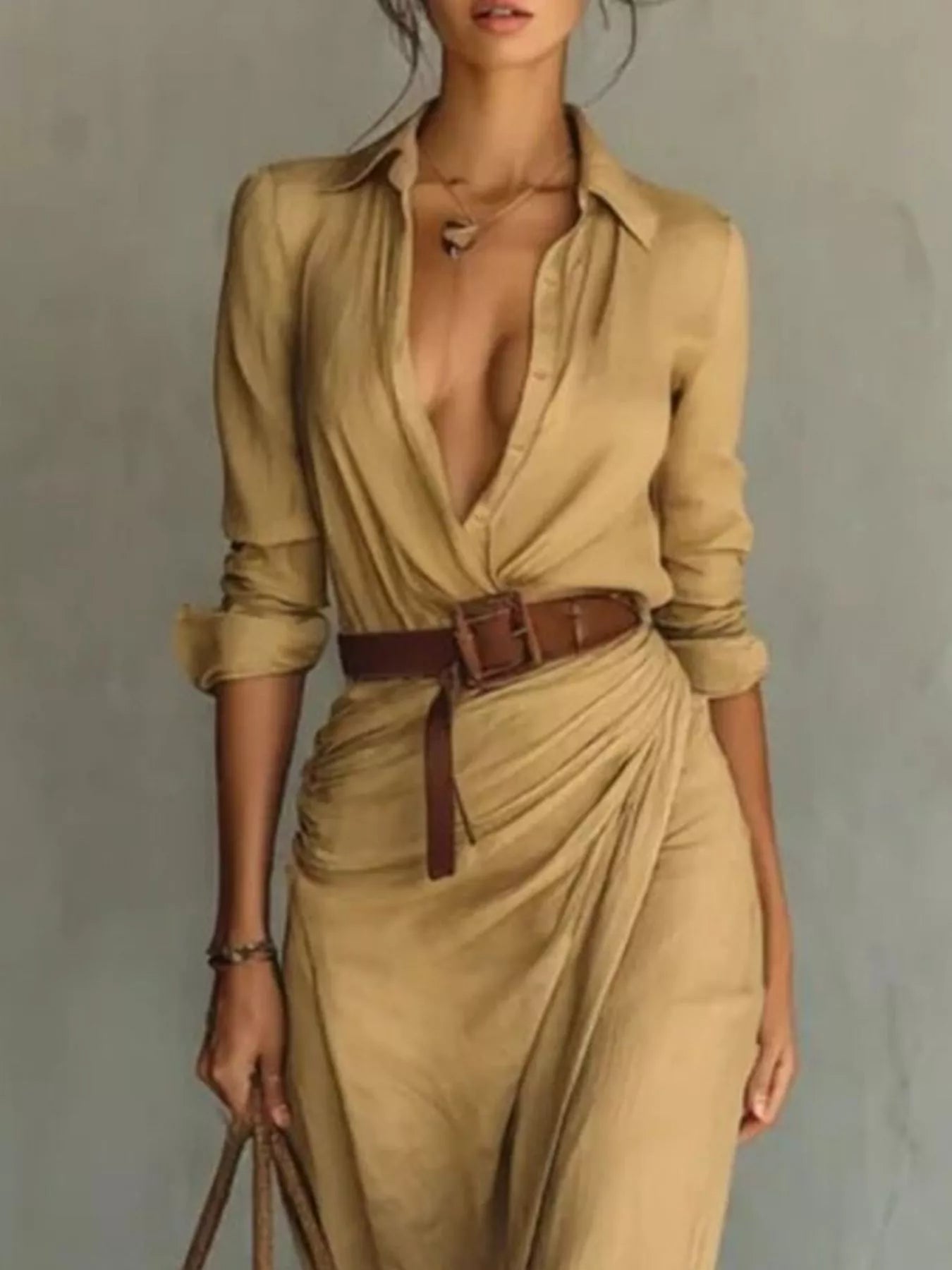 Women's Belted Maxi Dress with Long Sleeves in Khaki, Black, White & Navy Blue – Elegant Flowing Full-Length Dress for Day and Evening | Koossa