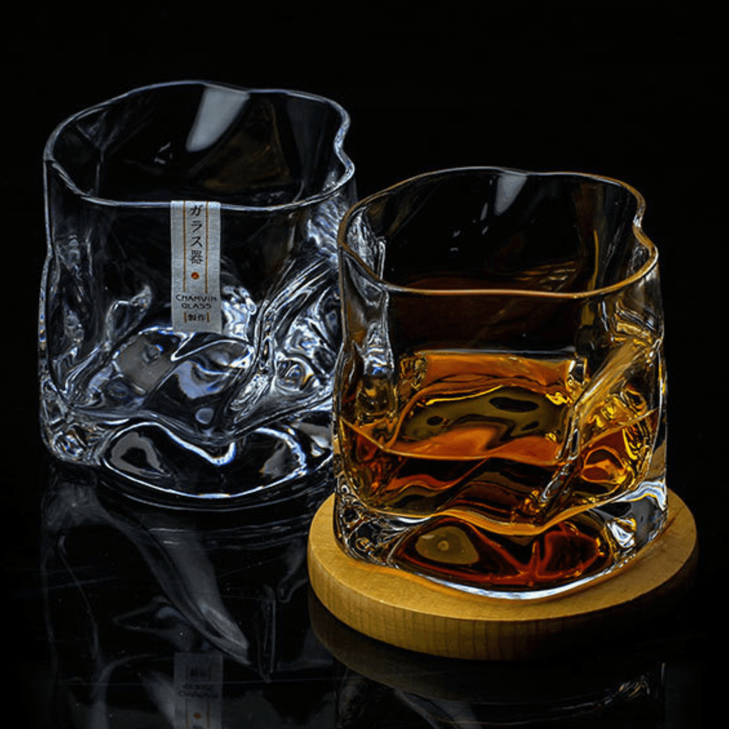 Verre à Whisky Cristal Japonais Motif Crumple Taillé Main Coffret Bois Technique Edo Kiriko Artisanal | Koossa