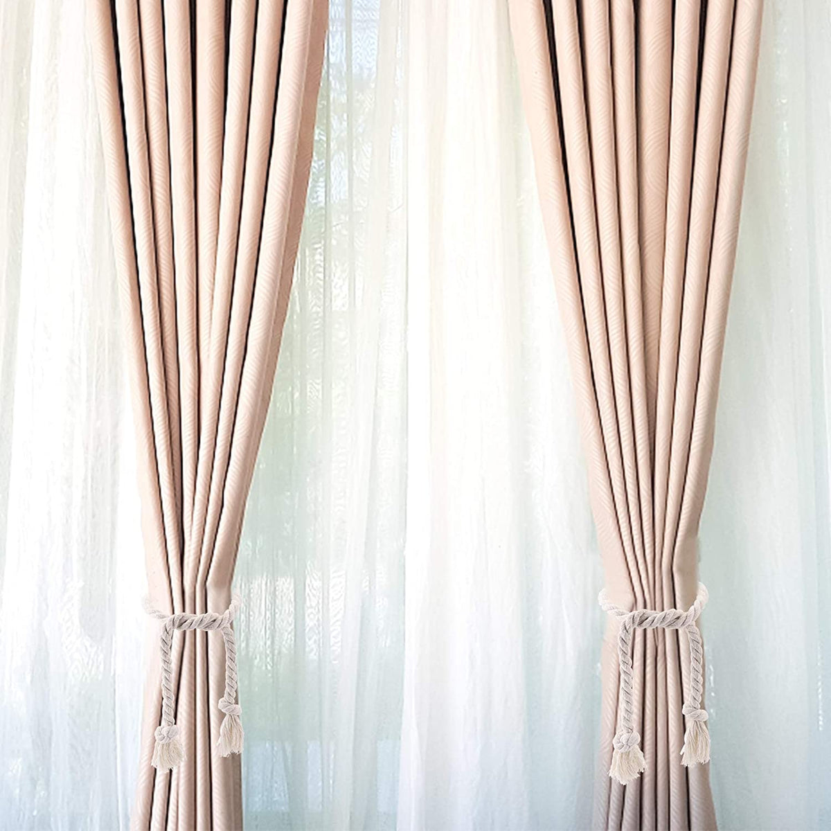 Macramé Curtain Tie Backs with Wooden Stick - Handwoven Cotton Rope Curtain Holders for Boho, Farmhouse & Natural Home Decor | Lonoma