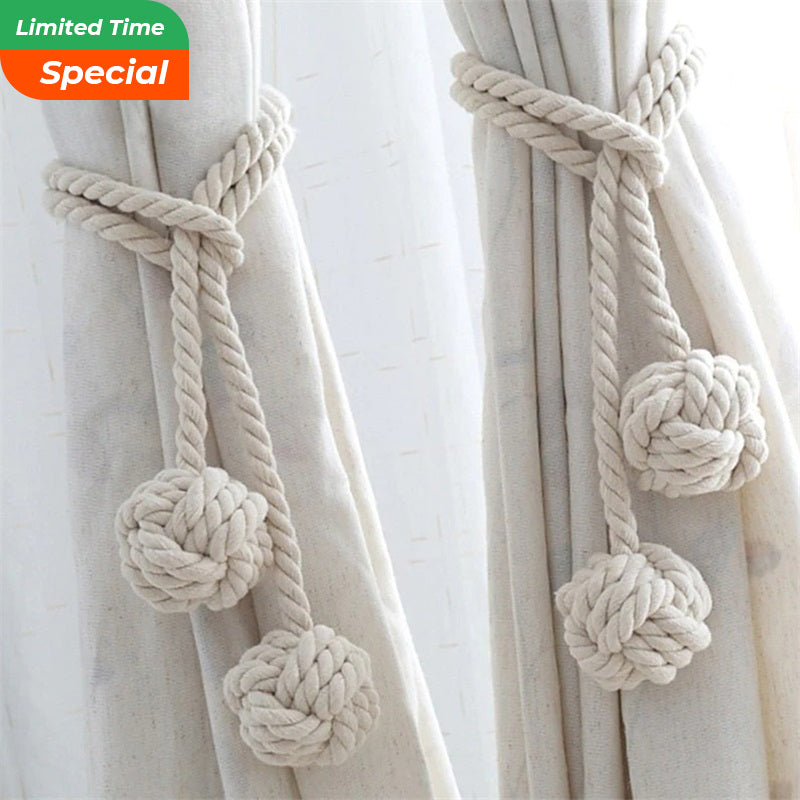 Macramé Curtain Tie Backs with Wooden Stick - Handwoven Cotton Rope Curtain Holders for Boho, Farmhouse & Natural Home Decor | Lonoma