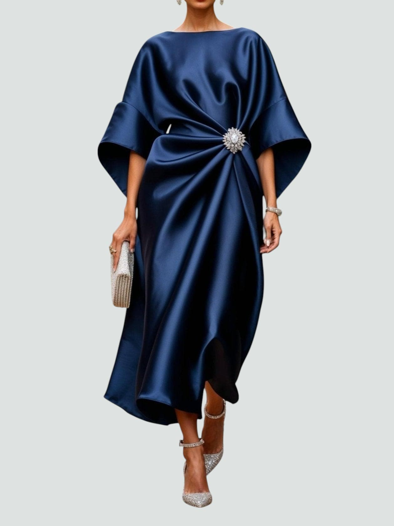 Women's Draped Maxi Dress with Brooch Detail in Navy, Red, Turquoise | Evening Gown | Formal Occasion Dress | Flowing Silhouette | Statement Waist Design | Koossa