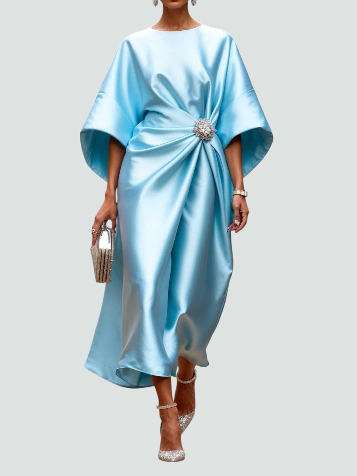 Women's Draped Maxi Dress with Brooch Detail in Navy, Red, Turquoise | Evening Gown | Formal Occasion Dress | Flowing Silhouette | Statement Waist Design | Koossa