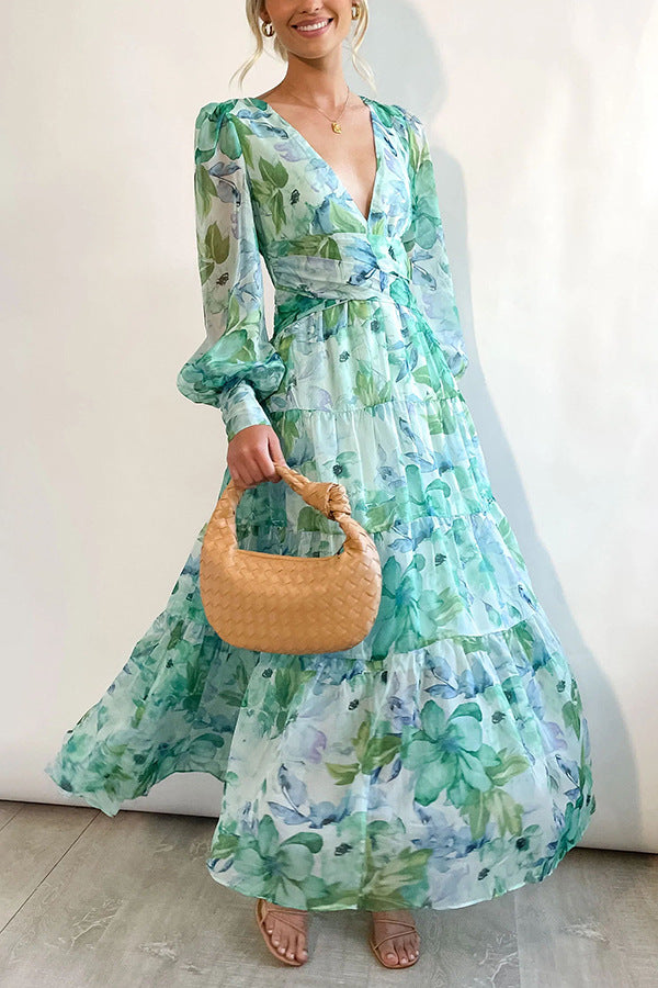 Women's Floral Midi Dress with V-Neckline — Elegant Dress for Garden Parties & Weekend Occasions | Koossa