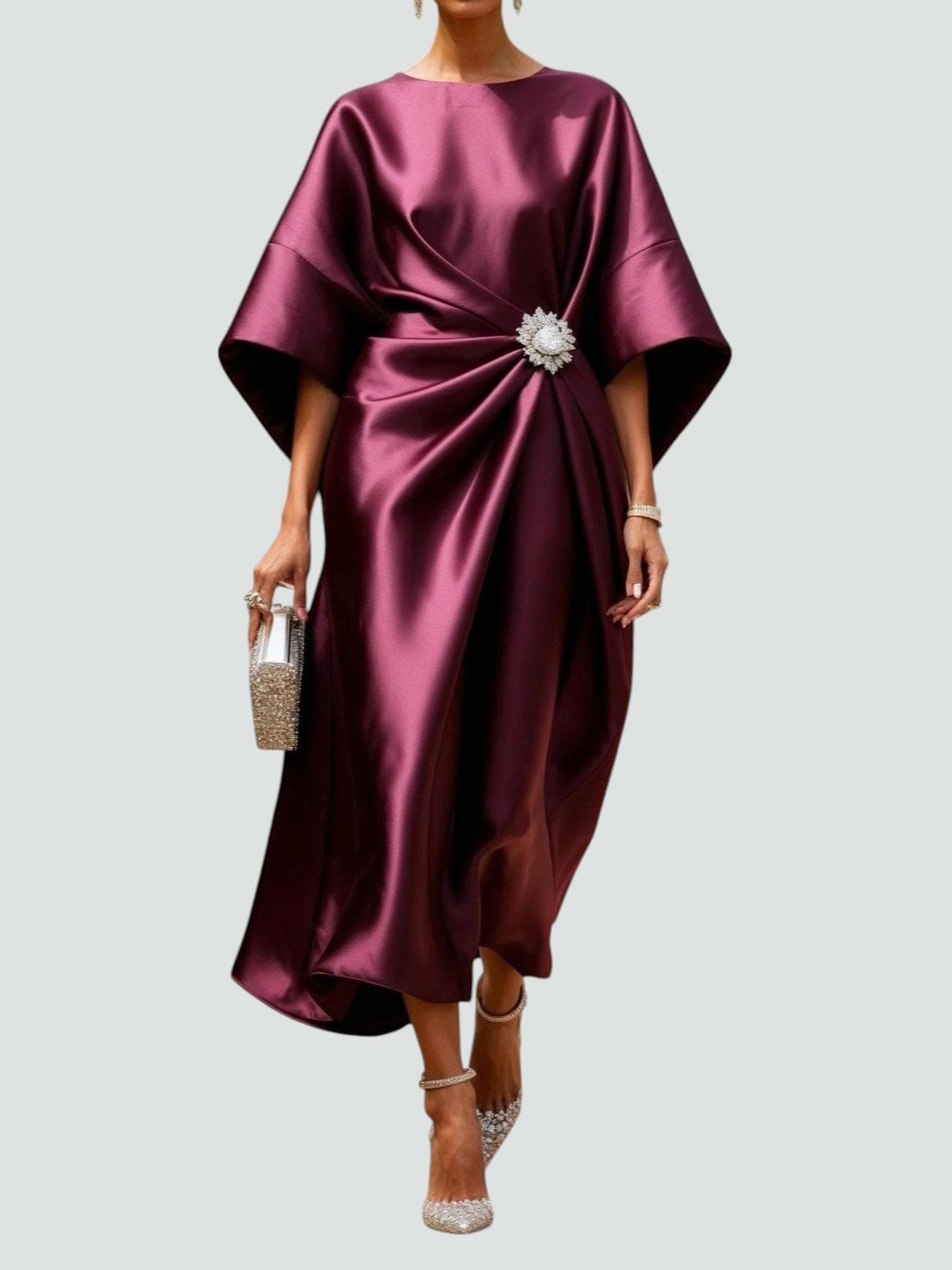 Women's Draped Maxi Dress with Brooch Detail in Navy, Red, Turquoise | Evening Gown | Formal Occasion Dress | Flowing Silhouette | Statement Waist Design | Koossa