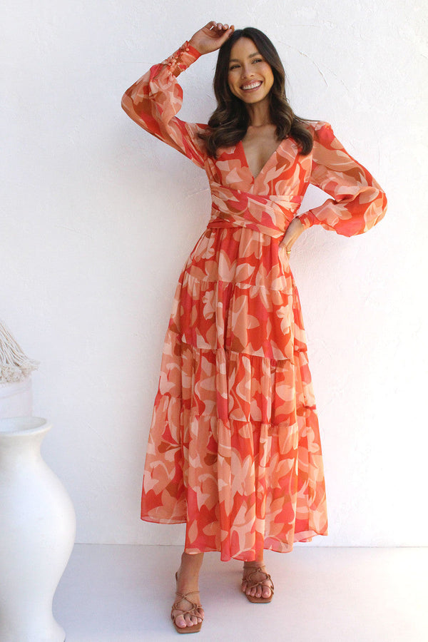 Women's Floral Midi Dress with V-Neckline — Elegant Dress for Garden Parties & Weekend Occasions | Koossa