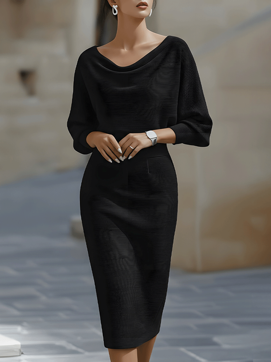 Women's Draped Cowl Neck Midi Dress with Batwing Sleeves in White | Elegant Fitted Pencil Skirt Dress for Cocktails Dinners Formal Occasions All-Year Sophisticated Classic Feminine Hourglass Silhouette | Koossa