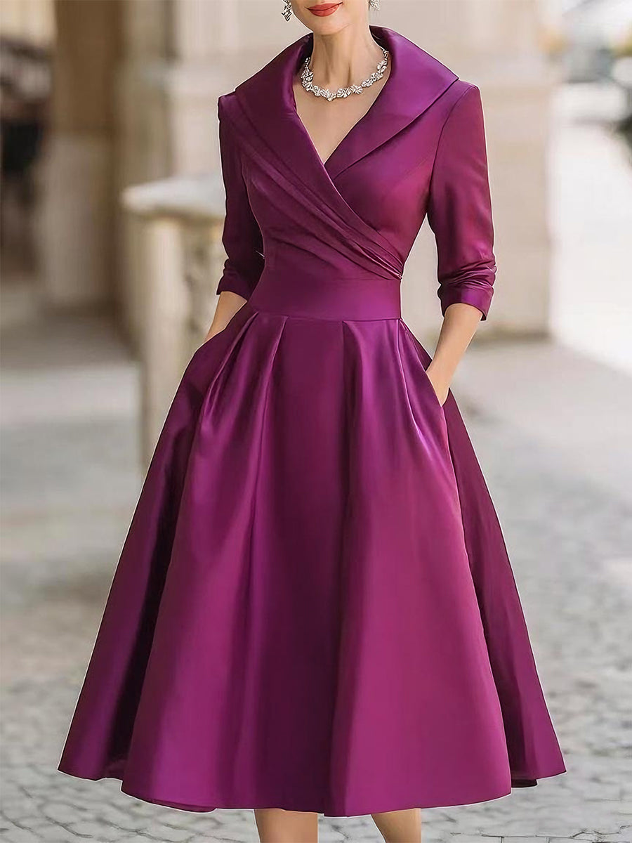 Women's Draped Neckline Midi Dress with A-Line Skirt — Elegant Evening Dress for Weddings & Formal Occasions | Koossa