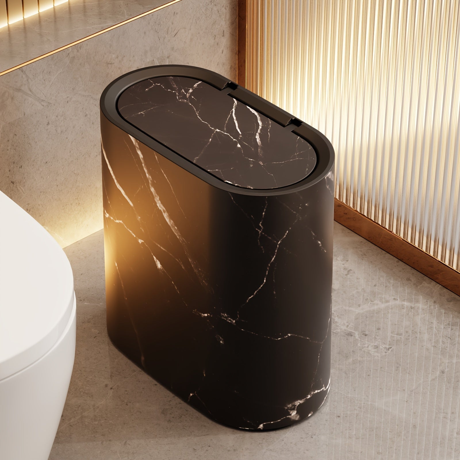 Poubelle Ovale Effet Marbre avec Couvercle 29 cm Salle de Bains Cuisine Compacte Décor Contemporain Élégant | Koossa
